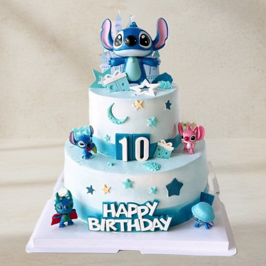 Magical Stitch birthday cake featuring a two-tier design with Stitch and friends, perfect for celebrations.