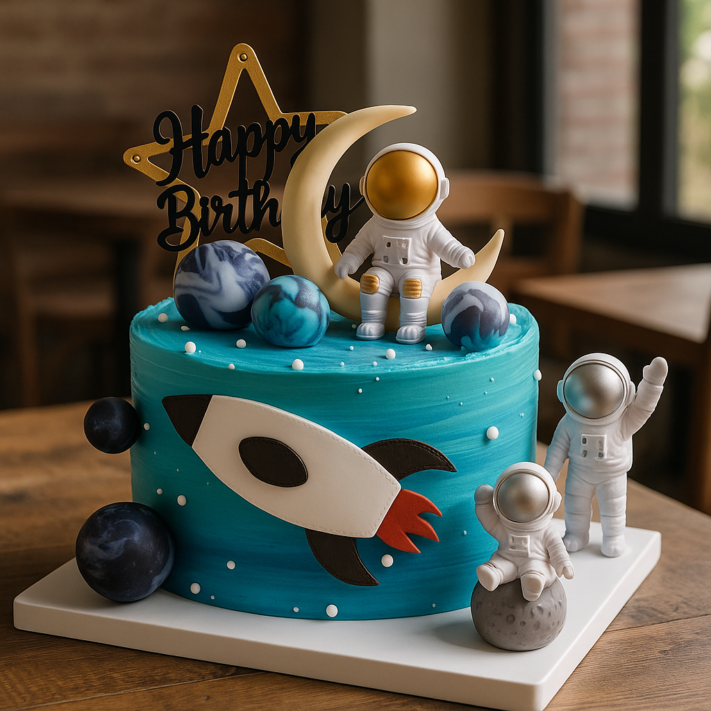 Fondant Spaceship Cake with Toy Astronaut & Planets — Galactic Adventure | Pastry by Good Day Bakery Singapore (1pc)