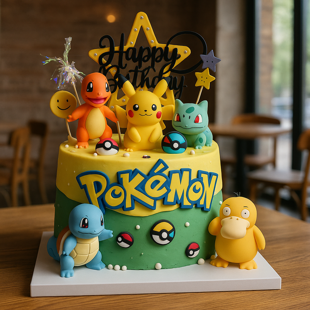 Fondant "POKEMON" Cake with 6 Pokémon Figurine Toppers — Trainer's Celebration | Pastry by Good Day Bakery Singapore (1pc)