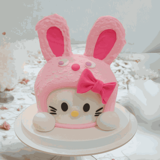 3D Hello Kitty Bunny Cake in pink bunny suit with tall ears and textured frosting