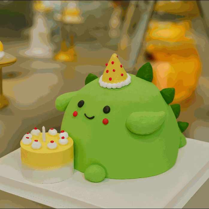 Chubby green kawaii Dino Cake with yellow polka-dot party hat and miniature side birthday cake, perfect for kids' dino-themed celebrations