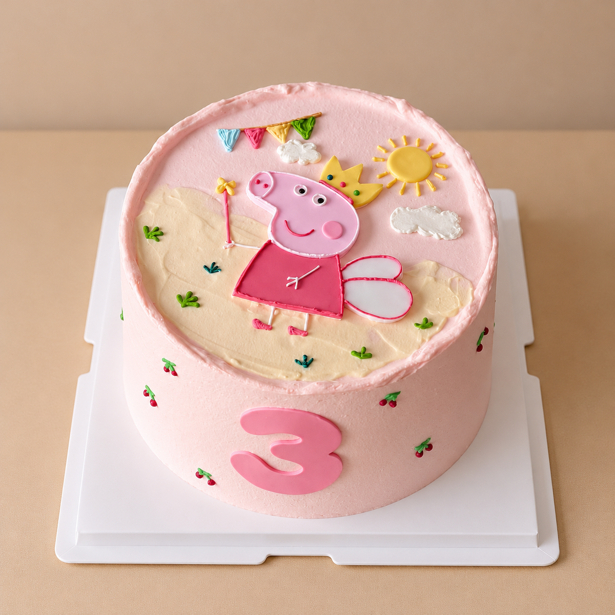 Pink Peppa Pig fairy princess birthday cake with crown, wings, sun, bunting and number 3 — Good Day Bakery Singapore