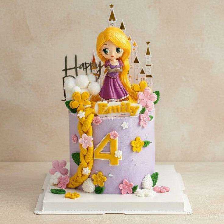 Princess Cake Tower princess birthday cake with Rapunzel figurine, braid, and flowers