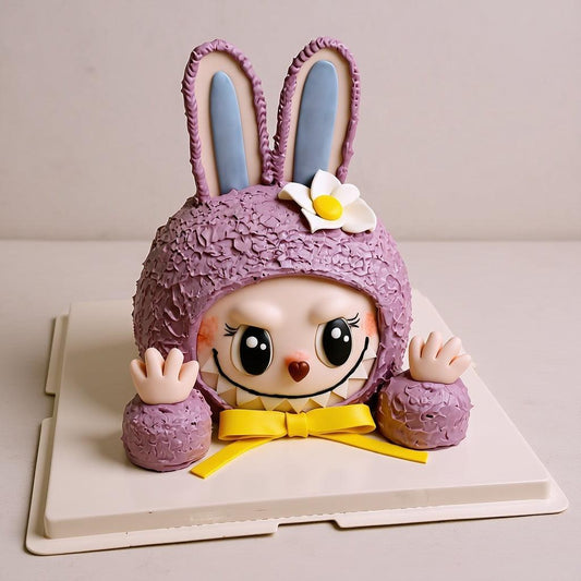 3D purple Labubu birthday cake with hand-piped textured fur, yellow bow, and daisy flower decoration