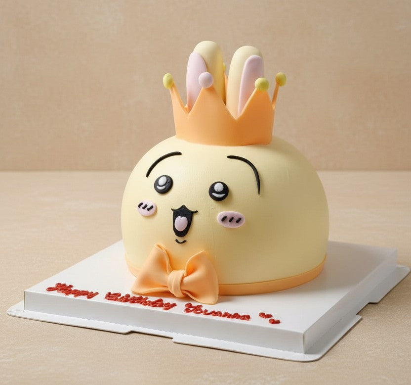 Crown Bunny Delight Cake is a joyful bunny birthday cake with orange crown and pastel yellow frosting.