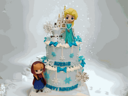 Frozen Cake  Frozen Fantasy Castle Cake with Elsa, Anna, Olaf figurines and blue-white snowflake decorations