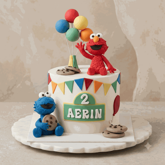 Sesame Street Elmo & Cookie Monster Cake with 3D characters, colorful balloons, custom green street sign, and fondant cookies