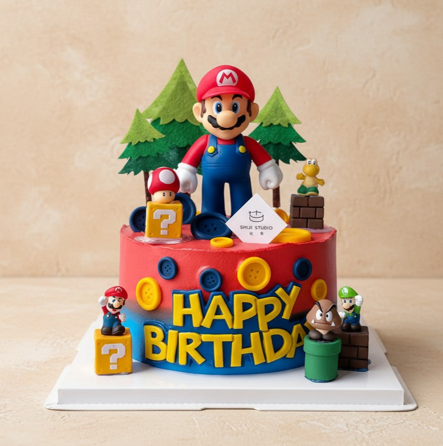 Super Mario birthday cake decorated with 3D Mario figure and colorful fondant, perfect for kids' birthday parties.