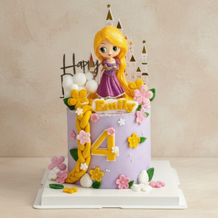 Tower Princess 4th Birthday Cake with Braid & Flowers | Custom Girls Cake featuring Minecraft adventure birthday cake.