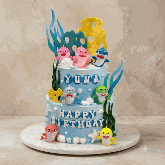 Shark Cake Baby Shark themed underwater birthday cake with vibrant sea decor