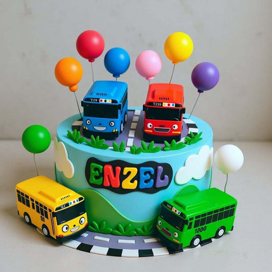BabyBus school bus cake with colorful character toppers and balloons