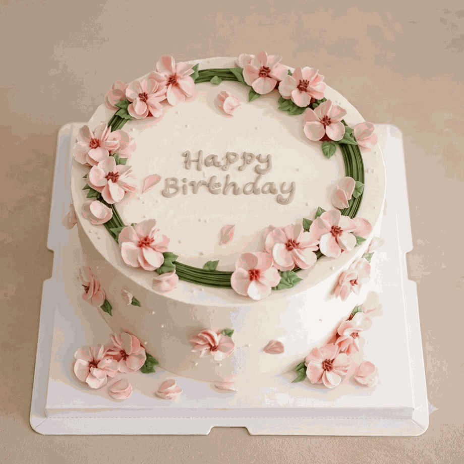Blush flower wreath cake with pink blossoms and pearl accents