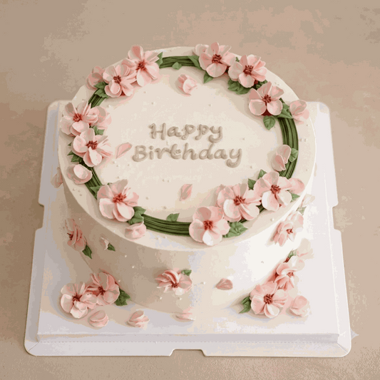 Blush flower wreath cake with pink blossoms and pearl accents