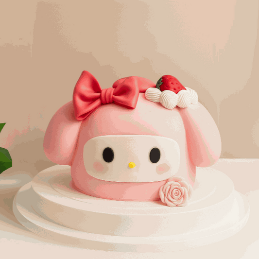 Pink Bunny cake featuring 3D My Melody face, red bow, fresh strawberry, and blush rose accents