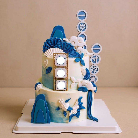 Chinese Cake tradition cake with blue koi fish and landscape design