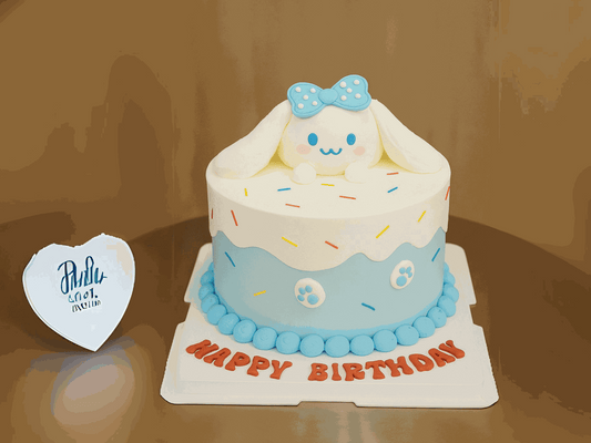 Cinna Cake pastel blue Cinnabunny cake with 3D topper and birthday lettering