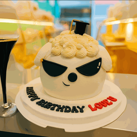 3D sheep birthday cake with black sunglasses, curly buttercream wool, mini graduation cap, and Happy Birthday Love U lettering