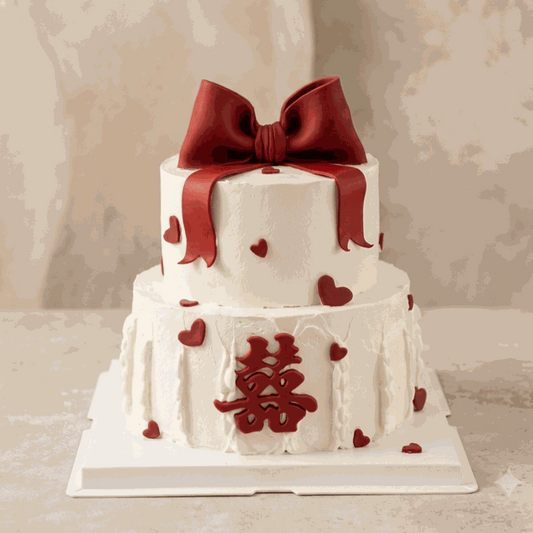 Two-tier wedding cake with crimson ribbon bow and double happiness symbol