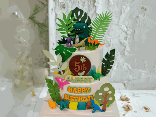 Multi-tiered colorful dino cake with T-Rex and jungle decorations