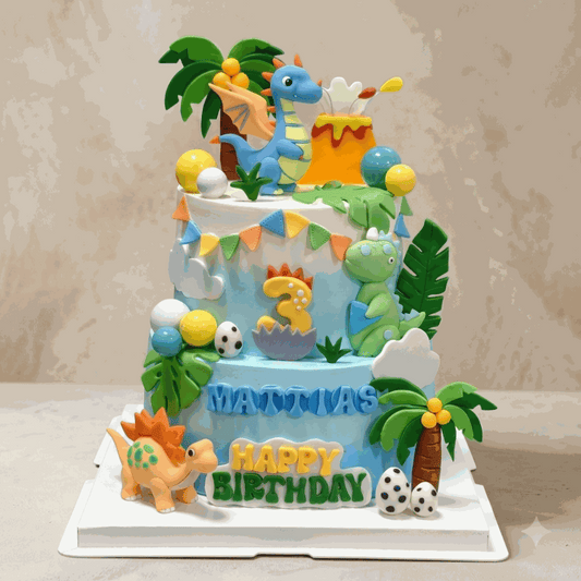 2-tier dinosaur cake with erupting volcano, blue dragon, green T-Rex, orange Stegosaurus, tropical palm trees, and custom name and age decorations