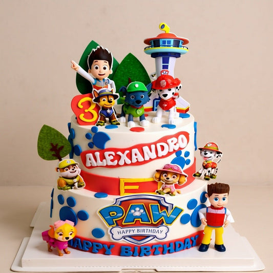 Captain Dog Cake with Paw Patrol figurines, Lookout Tower topper, blue paw prints, red ribbon trim, and personalized name and age decorations