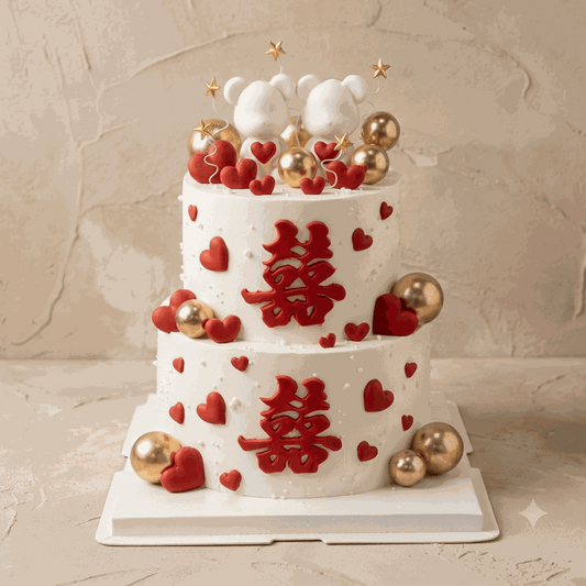 Two-tier white wedding cake with red double happiness symbols and bear topper