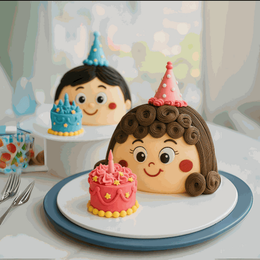 Little Joy duo cake shaped like a smiling girl with curly chocolate hair, pink polka-dot party hat, and mini pink birthday cake topper