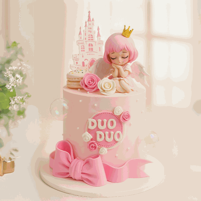Pink fairytale princess cake with sleeping angel figurine, castle topper, macarons, roses, and custom name plaque