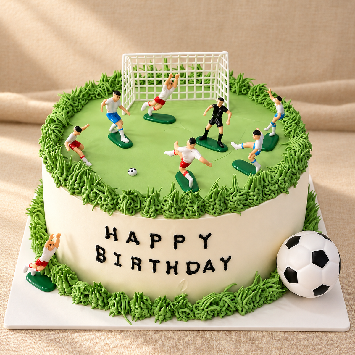 Football field birthday cake with green grass piping, miniature players, white goal and soccer ball — Good Day Bakery Singapore
