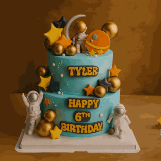 Galaxy themed multi-tiered space cake with 3D astronaut figurines, planets, stars, and custom birthday lettering