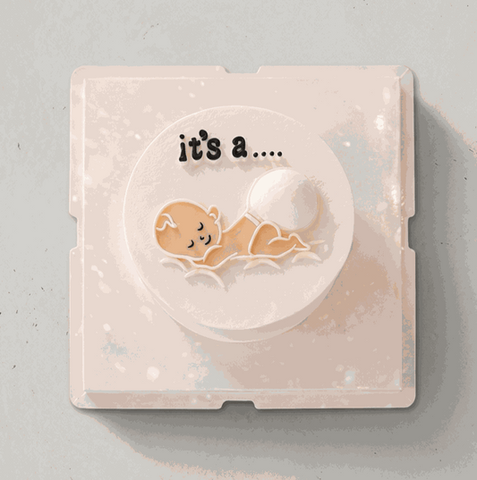 gender cake with sleeping baby topper and neutral ivory frosting