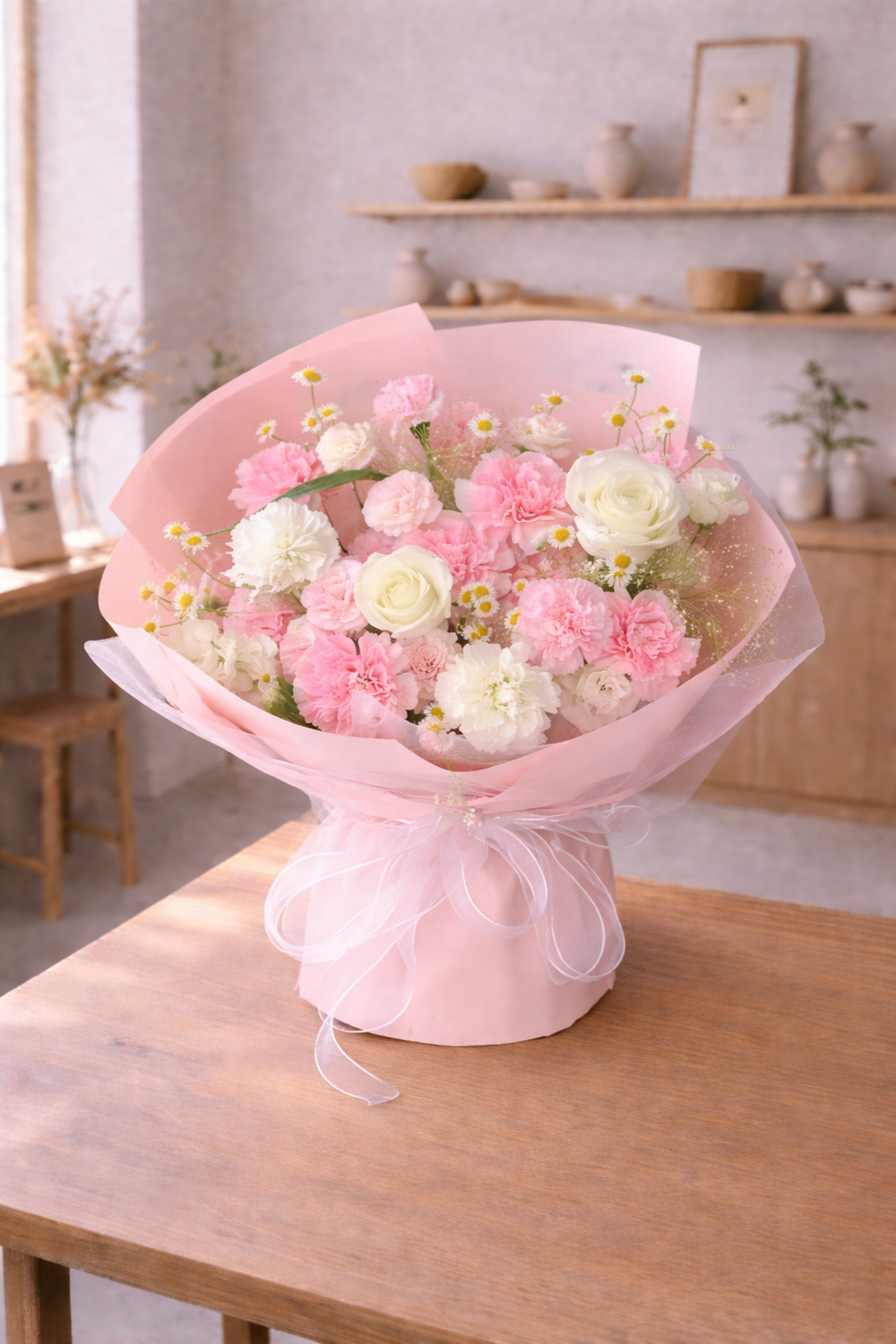 Blush and Ivory Carnation Rose Bouquet - 38 Total Stems | GOOD DAY
