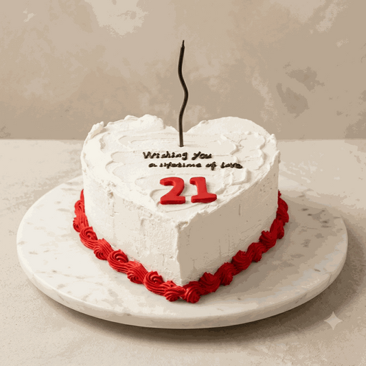 Heart Cake Heart shaped birthday cake with red border and white textured frosting