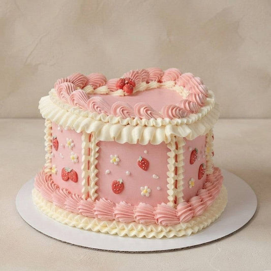 Heart Cake Strawberry Heart Vintage Lambeth Cake with pink Lambeth piping, hand-piped strawberries, daisies, and pearl details