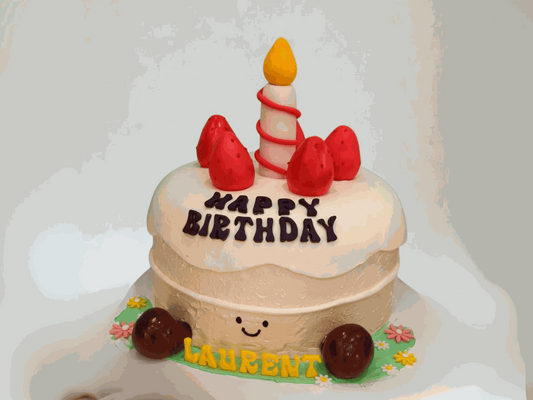 Korean-style candle cake with 3D strawberries and large spiral candle