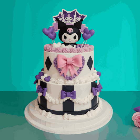 Two-tier Kuromi Cake with dark pop purple bow, black argyle and stripe details, white cream swags, and 3D Kuromi figurine topper