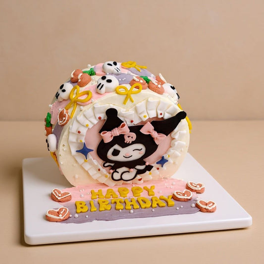Pastel lavender Kuromi cake with 3D winking character and lace ruffle heart