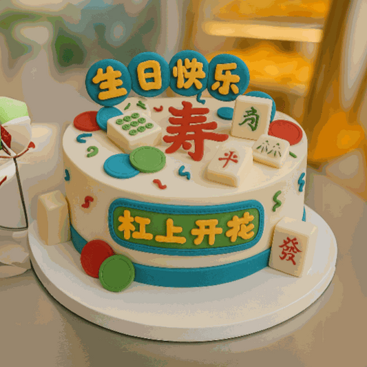 Two-tier Mahjong Cake decorated with 3D fondant mahjong tiles, poker chips, and longevity "寿" character for birthday celebrations