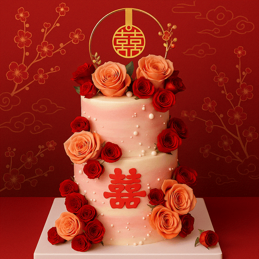 Luxurious two-tiered wedding cake with blush gradient frosting, fresh peach and crimson roses, red Double Happiness motif, gold arch topper, and sugar pearls