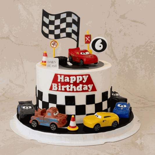 Disney Pixar Cars McQueen Cake with 3D Lightning McQueen figurine and racing track design birthday cake