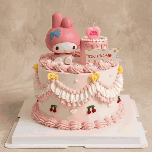 Sanrio My Melody pink tea party Melody Cake with pastel Lambeth piping, 3D My Melody topper, cherries, and birthday decorations