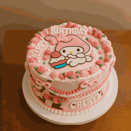 Pastel pink Melody Cake with vintage Lambeth piping, My Melody bunny illustration, pink rose rosettes, green leaves, "HAPPY BIRTHDAY" lettering, and custom name "CHERYL" decoration