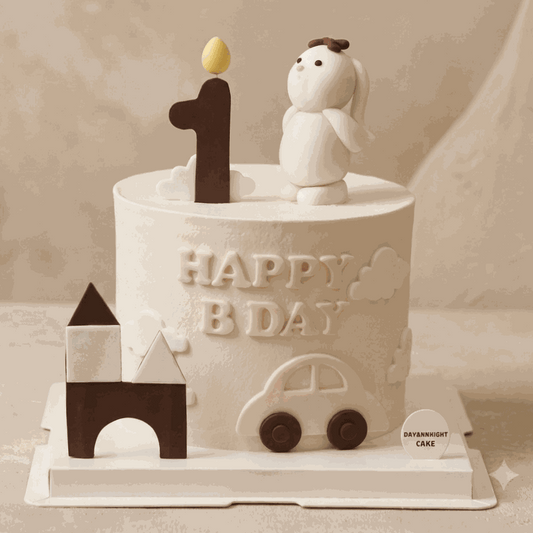 Minimalist bunny cake with white bunny figurine and beige cream