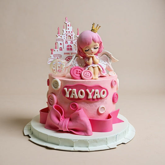 Miyue Annie Fairy Princess Cake with sleeping angel topper, pink fairytale castle, fondant bow, and custom name plaque