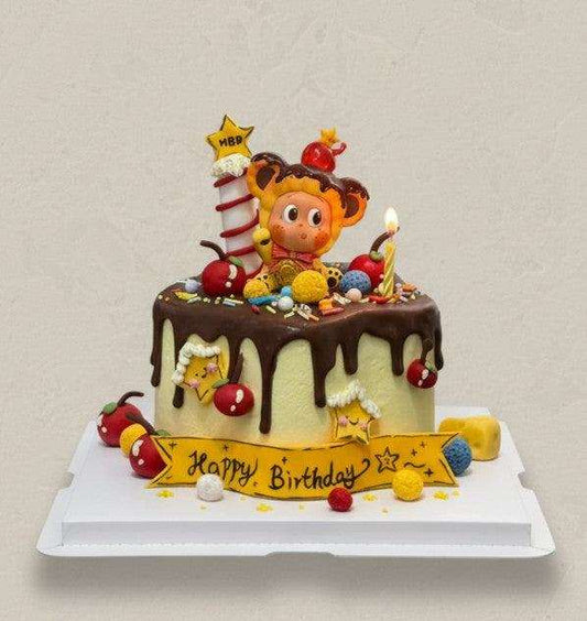 Monkey Cake Cute monkey chocolate drip birthday cake with cherries and sprinkles