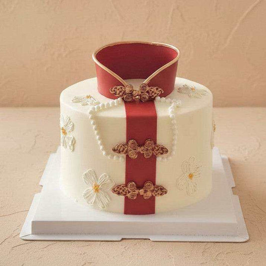 Imperial red ribbon fondant Mother Day cake with 3D qipao collar and pearl decorations