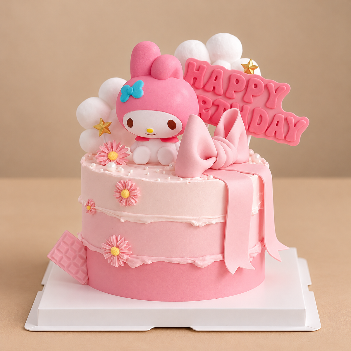 Pink My Melody birthday cake with a large bow, daisies and birthday sign on a white square cake tray — Good Day Bakery Singapore