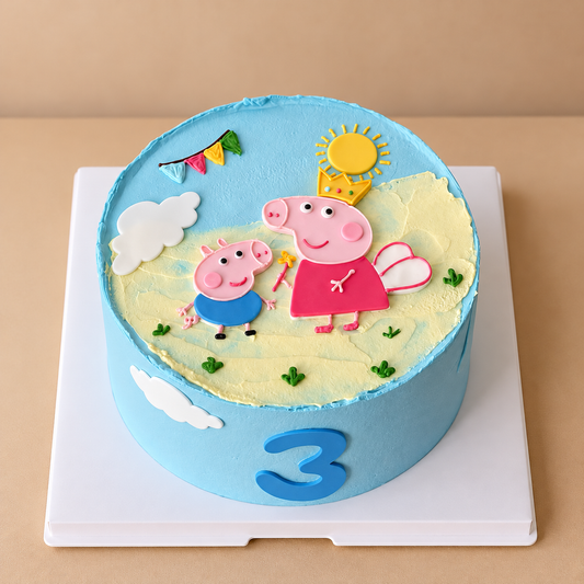 Blue Peppa and George birthday cake with fairy crown, sun, bunting and number 3 on a white square cake tray — Good Day Bakery Singapore