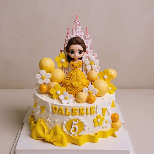 Disney Princess cake with yellow gown and fairytale castle