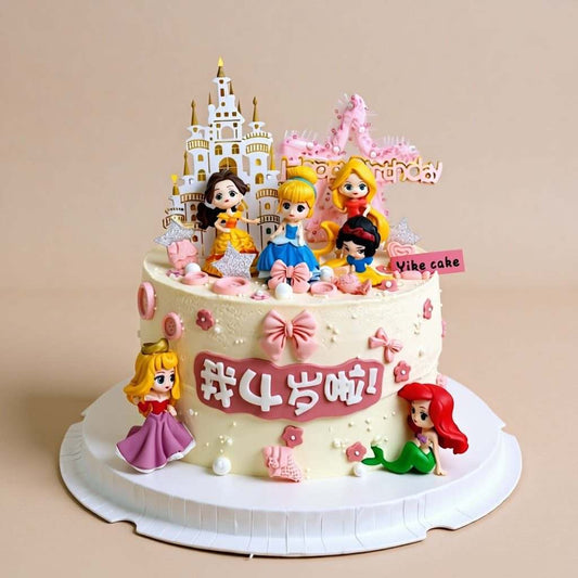 Princess Cake Disney princess castle birthday cake with six figurines and pink gold accents
